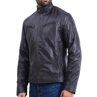 Mens Cafe Racer Black Sheepskin Leather Jacket