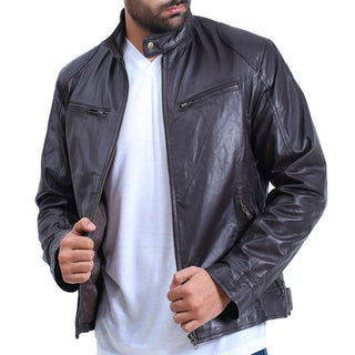 Mens Cafe Racer Black Sheepskin Leather Jacket