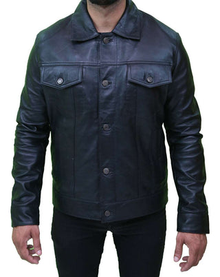Mens Black Leather Trucker Jacket