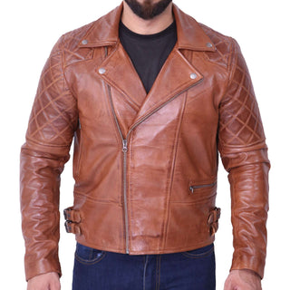 Men's Biker Quilted Brown Leather Jacket