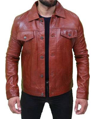 Men's Brown Leather Trucker Jacket 