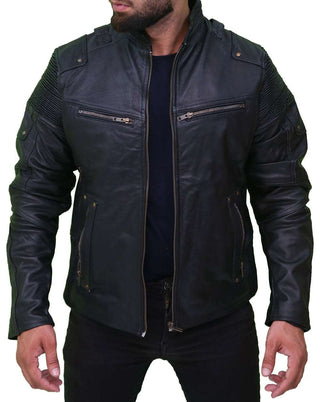 Cafe Racer Retro Black Biker Moto Racer Motorcycle Genuine Men's Leather Jacket