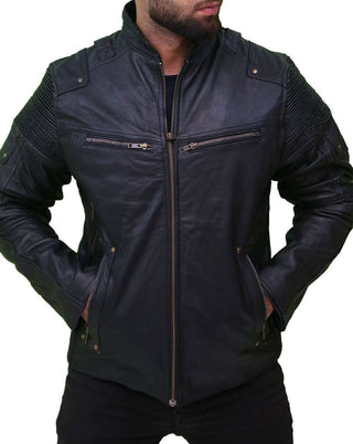 Cafe Racer Retro Black Biker Moto Racer Motorcycle Genuine Men's Leather Jacket
