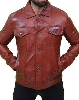 Men's Brown Leather Trucker Jacket 
