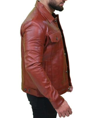 Men's Brown Leather Trucker Jacket 