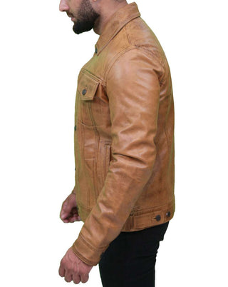 Vintage Trucker Pure Leather Camel Brown Leather Jacket