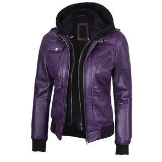 Women's Purple Leather Jacket with Removable Hood