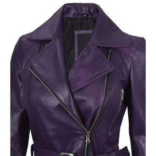 Women's Asymmetrical Purple Belted Leather Jacket