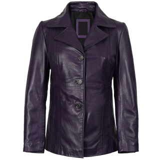 Women's Three Button Real Leather Purple Blazer