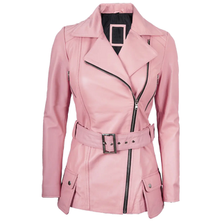 Women's Pink Asymmetrical Belted Leather Jacket