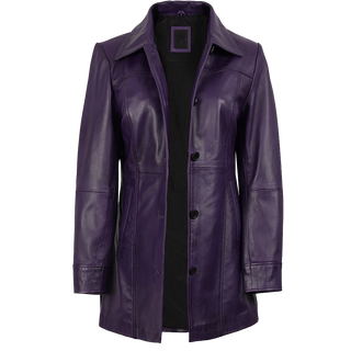 Women Leather Purple 3/4 Length Car Coat