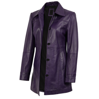 Women Leather Purple 3/4 Length Car Coat