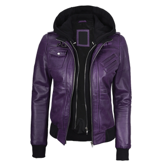 Women's Purple Leather Jacket with Removable Hood