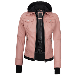 Tralee Women's Bomber Pink Real Leather Jacket with Hood