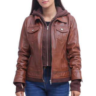 womens brown leather jacket with hood