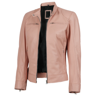 Light Pink Women's Biker Style Cafe Racer Leather Jacket