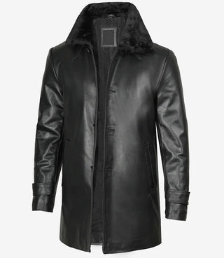 Men's 3/4 Black Real Leather Coat With Fur Collar - Winter Coat