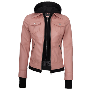 Tralee Women's Bomber Pink Real Leather Jacket with Hood