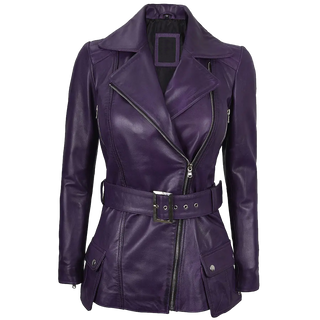 Women's Asymmetrical Purple Belted Leather Jacket