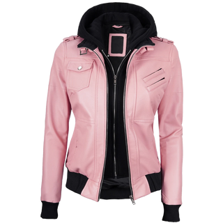 Women's Pink Bomber Leather Jacket with Removable Hood