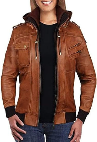 Women Hooded Brown Leather Jacket