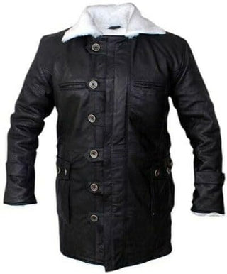 Tom Dark Knight Rises Bane Fur Shearling Black Trench Leather Jacket Pea Coat