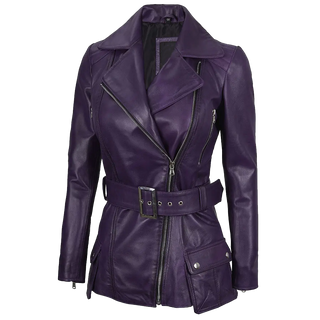 Women's Asymmetrical Purple Belted Leather Jacket