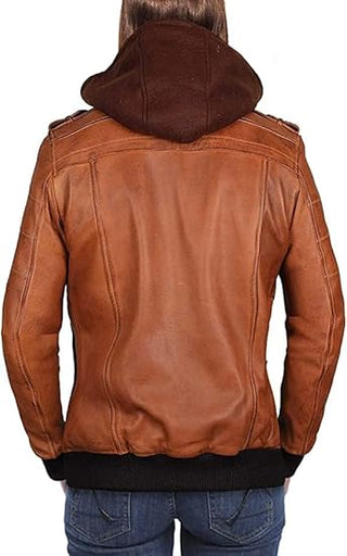 Women Hooded Brown Leather Jacket