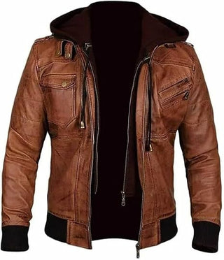 Women Hooded Brown Leather Jacket
