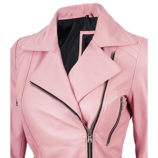 Women's Pink Asymmetrical Belted Leather Jacket