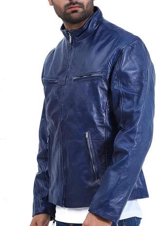 Mens Blue Quilted Cafe Racer Leather Jacket