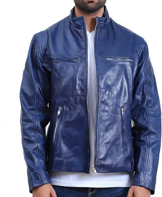 Mens Blue Quilted Cafe Racer Leather Jacket