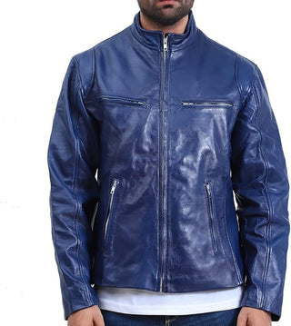 Mens Blue Quilted Cafe Racer Leather Jacket