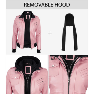 Women's Pink Bomber Leather Jacket with Removable Hood