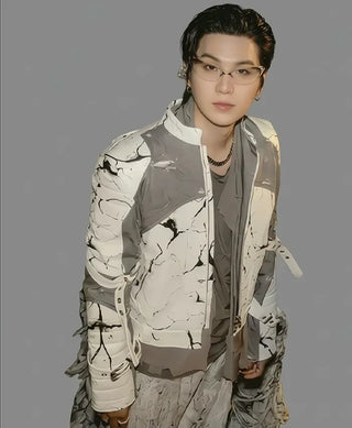 BTS World Tour Arirang Suga LIMA PERU&nbsp; White and Grey Motorcycle Leather Jacket