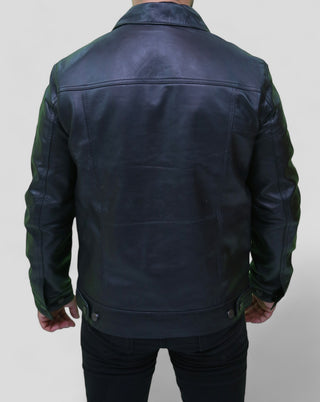 black leather trucker jacket​