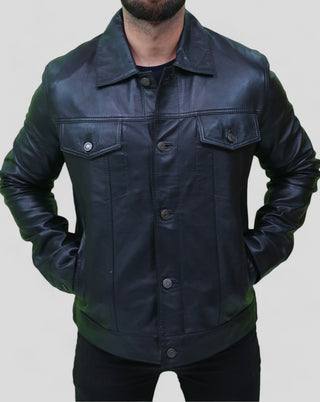 Black trucker leather jacket