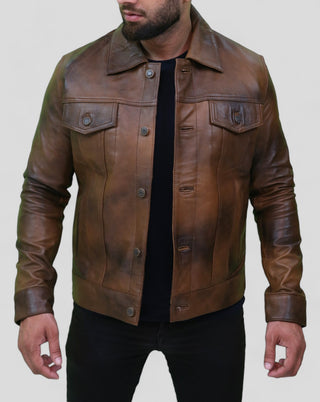 Brown trucker leather jacket