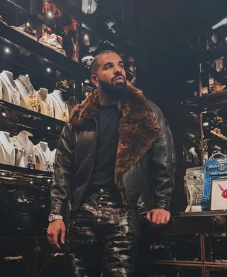 Drake Show Off Jewelry Room Shearling Leather Jacket