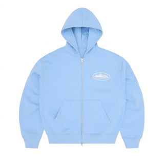 Island Puff Print Zipper Blue Hoodie