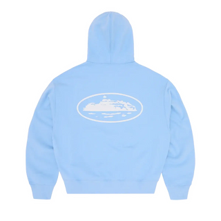 Island Puff Print Zipper Blue Hoodie For Men & Women