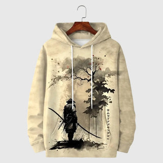 Japanese Samurai Ink Painting Graphic Pullover Hoodie