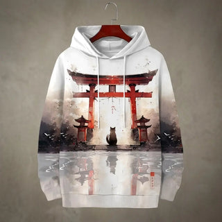 Japanese Torii Gate and Cat White Hoodie