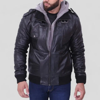 Grey Hooded Black Leather Jacket for Men