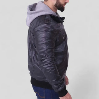 Men's Removable Hood Black Leather Jacket