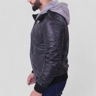 Stylish Men’s Black Leather Jacket with Grey Hood