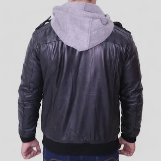 Black Leather Jacket for Men – Grey Hood Included