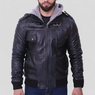 Men's Black Leather Jacket with Grey Removable Hood
