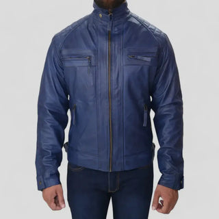 Men's Blue Biker Fashion Slim Fit Pure Leather Jacket
