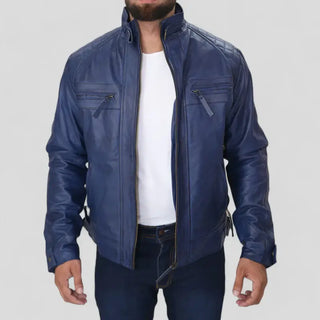 Men's Blue Biker Slim Fit Pure Leather Jacket